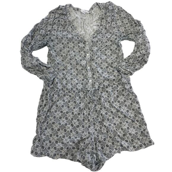 Gap Romper Womens Medium White Black Printed Button Up V-Neck - Picture 1 of 8